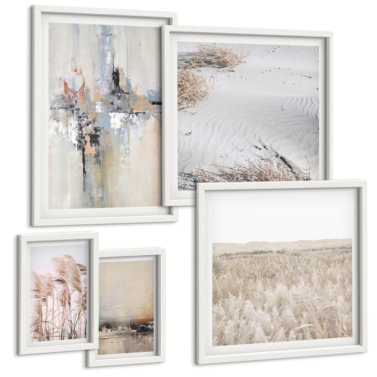 BILDER SET 5er Set - 50x50 cm & 20x30 cm & 40x60 cm Weißer Rahmen - Abstrakte Vegetationsmuster - Weiß, Kunststoff (40/60cm) - TULUP