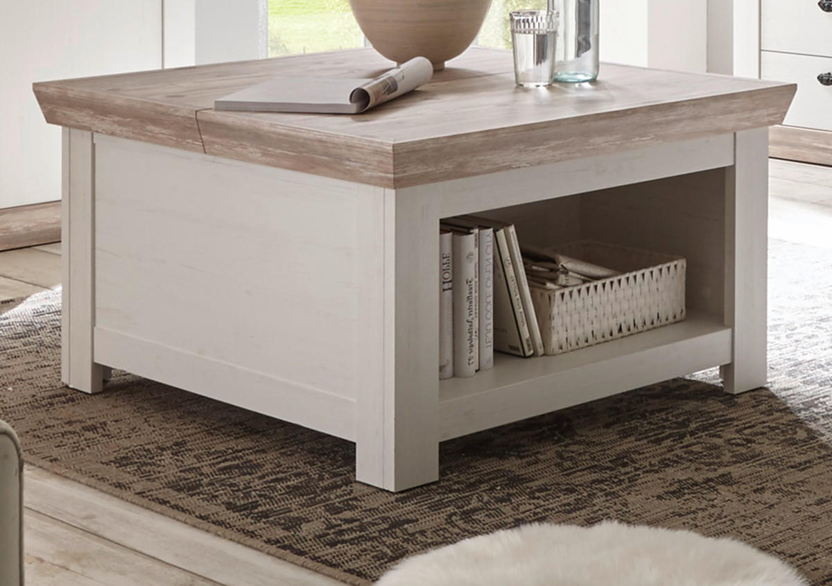 COUCHTISCH Pinie weiß, Oslo Pinie Landhaus, Beistelltisch mit Truhe Ablage, 86 x 86 cm quadratisch - Weiß/Pinienfarben, Holzwerkstoff (86/86/48cm) - Furn.Design