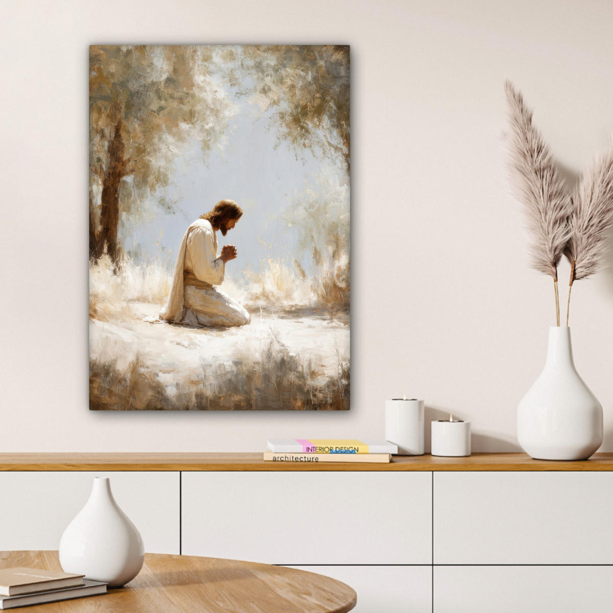 LEINWANDBILD Jesus - Kniend - Waldlandschaft - Betend Wandbild Wohnzimmer 60x80 cm - Beige/Hellblau, Textil (60/80cm) - MuchoWow