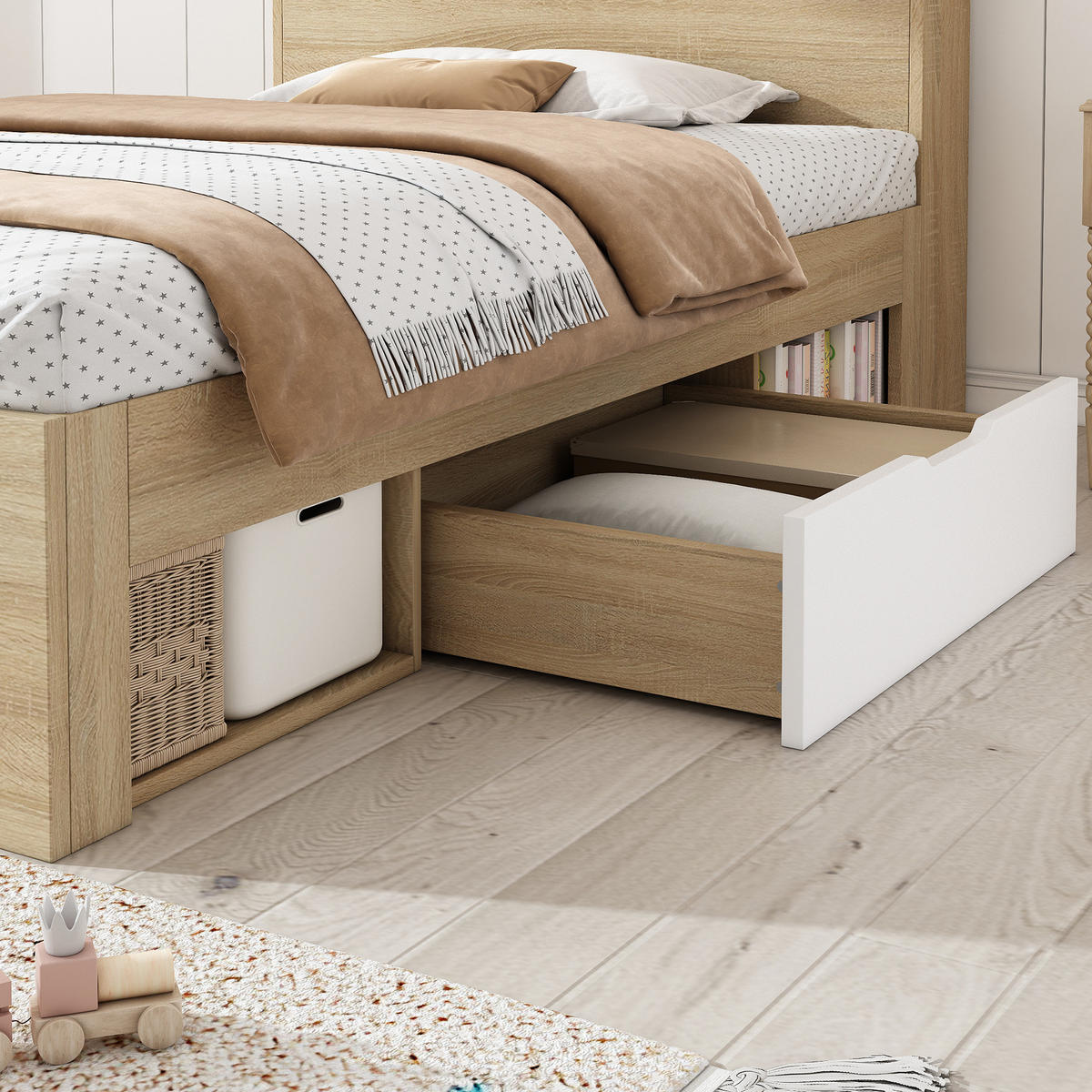 HOLZBETT 90/190 cm mit Kopfteil und 2 Schubladen – inkl. Lattenrost - Weiß, Holzwerkstoff (90/190cm) - BEAOK