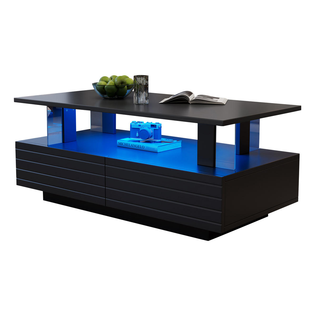 COUCHTISCH 100/50/42 cm in Schwarz mit LED-Beleuchtung und 2 Schubladen - Schwarz, Holzwerkstoff (100/50/42.5cm) - Flora Grace