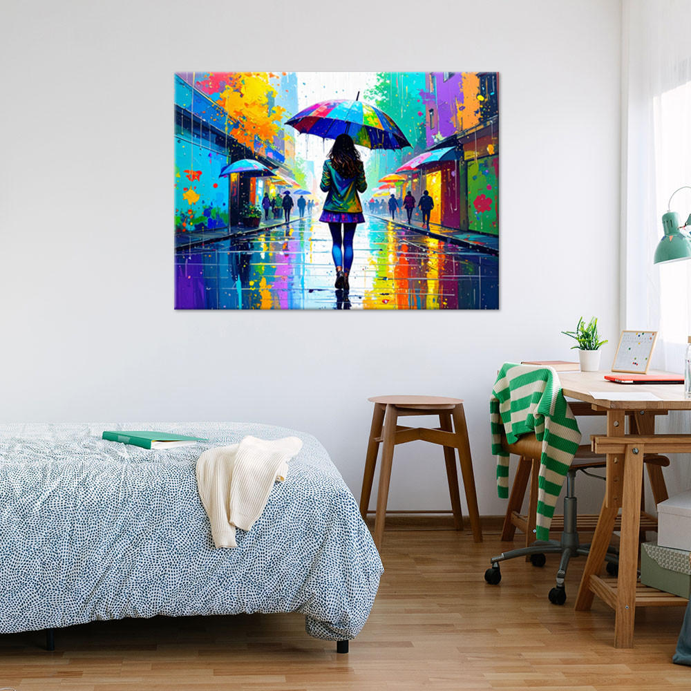 LEINWANDBILD Mädchen mit Regenschirm Street Art 120x80cm - Multicolor, Textil (120/80cm) - Feeby