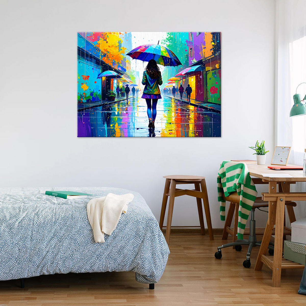 LEINWANDBILD Mädchen mit Regenschirm Street Art 120x80cm - Multicolor, Textil (120/80cm) - Feeby