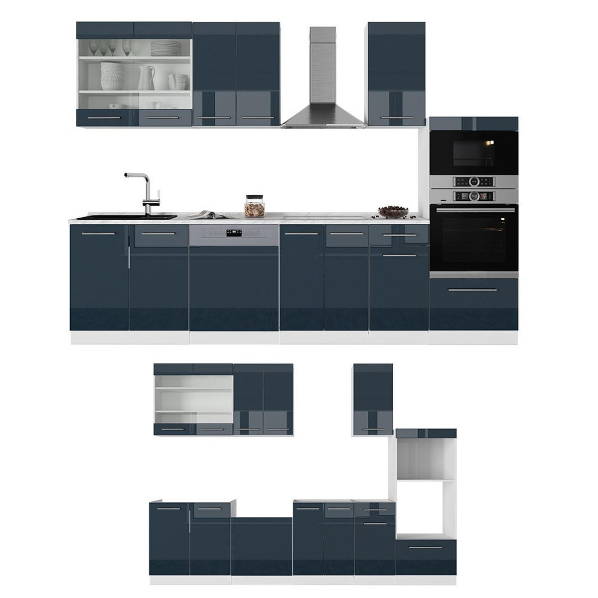 KUHINJSKI BLOK Fame-Line Temno modra visok sijaj/bela 300 cm z visoko omaro, DP Hrast - bela/temno modra, leseni material (300/153.6/60cm) - Vicco