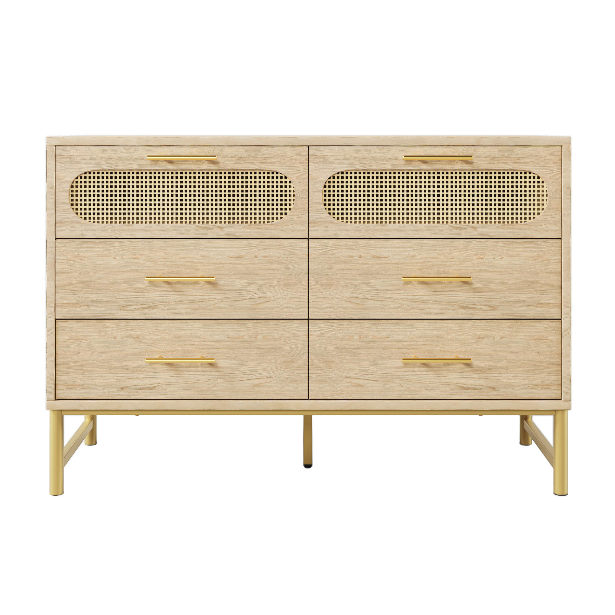 KOMMODE mit 2 Türen, 6 Schubladen, LED-Beleuchtung und Rattan-Optik, 120 x 40 x 74 cm, Eiche, Metall, Spanplatte - Eichefarben, Holzwerkstoff (120/74/40cm) - SONNENH
