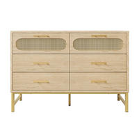 KOMMODE mit 2 Türen, 6 Schubladen, LED-Beleuchtung und Rattan-Optik, 120 x 40 x 74 cm, Eiche, Metall, Spanplatte - Eichefarben, Holzwerkstoff (120/74/40cm) - SONNENH