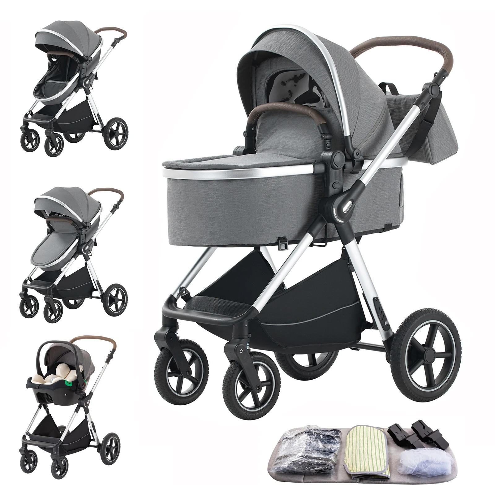 KINDERWAGENSET 3-in-1 Tragbarer, dunkelgrau - Dunkelgrau, Metall (80/60cm) - Kaket