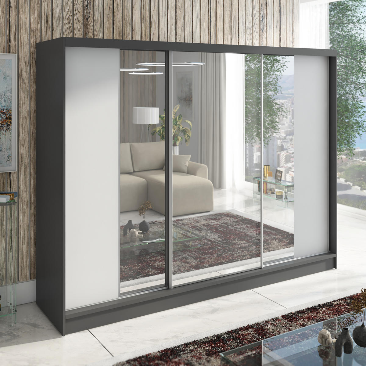 SCHWEBETÜRENSCHRANK 200 CM VIDA Farbe: Graphit, Weiß - Graphitfarben/Weiß, Holzwerkstoff (200/215/60cm) - A&J MöbelLand