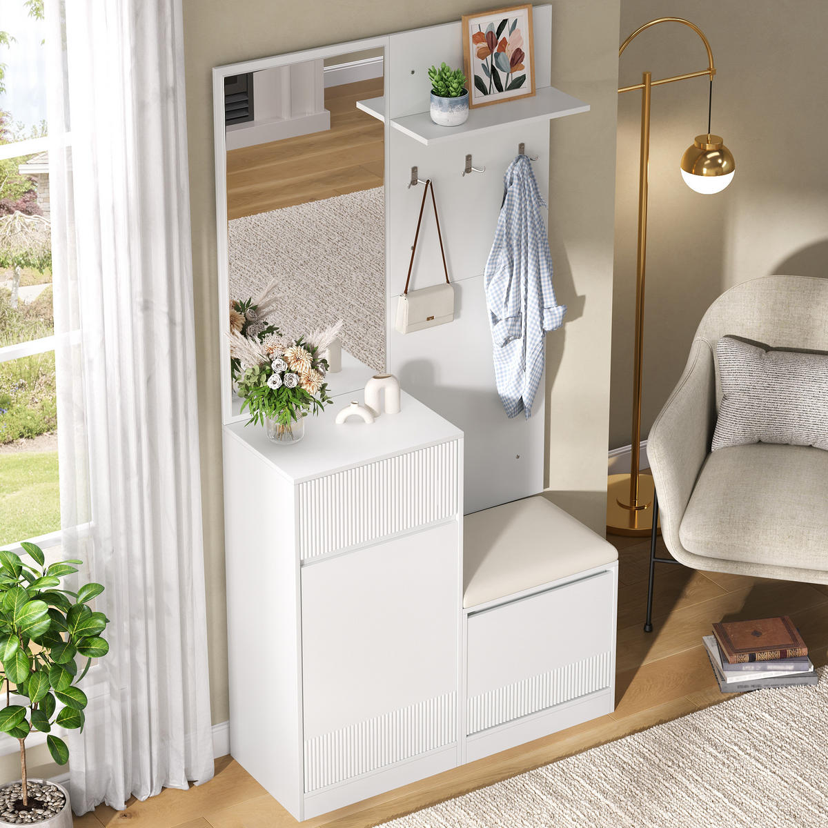 GARDEROBE mit Spiegel, Schuhschrank, Schuhbank und LED - Weiß, Holzwerkstoff (105/190/38cm) - FLIEKS
