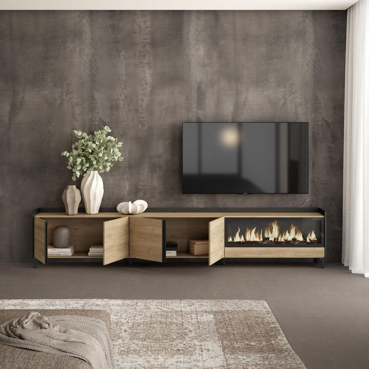 LOWBOARD, Eiche und Schwarz, 315/35/61cm, Kamin mit Feuereffekt XXL - Eichefarben, Holzwerkstoff (315/61/35cm) - Skraut Home