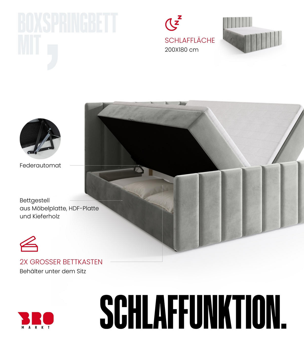 BOXSPRINGBETT Denver DUO mit Topper 180x200 Grau - Hellgrau, Textil (180/200cm) - Bromarkt