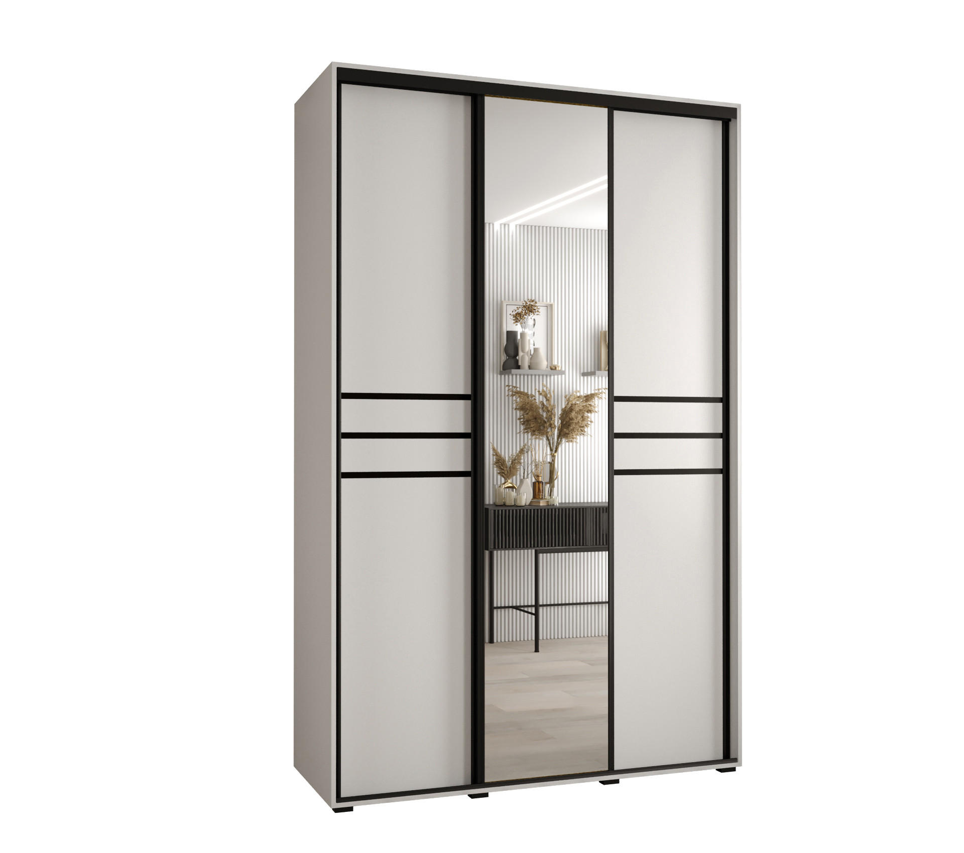 Abiks Möbel Schwebetürenschrank Weiß, Weiß, Schwarz 160x235x45 cm