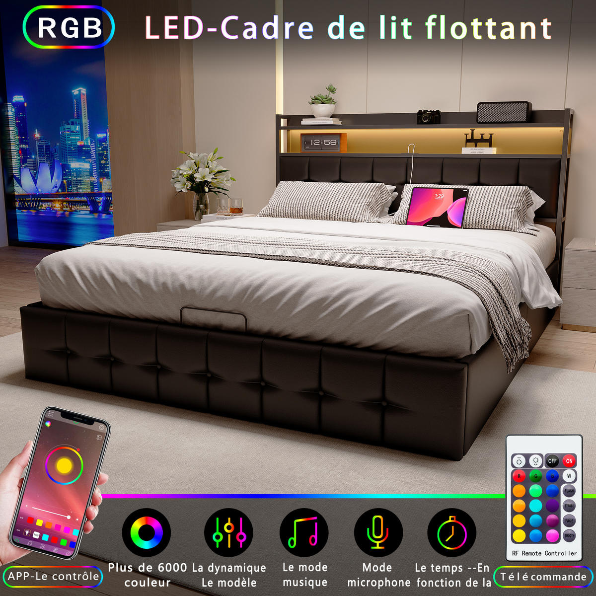 DOPPELBETT 140x200 Schwarz PU Hydraulikstauraum LED USB - Schwarz, Holzwerkstoff (160/200cm) - SHOPENTRA