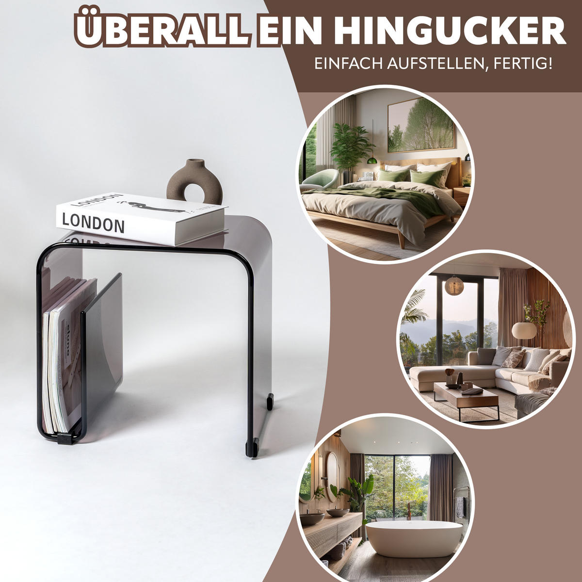 BEISTELLTISCH MIT MAGAZINHALTER Acryl schwarztransparent - Anthrazit, Kunststoff (30/38.5/35.5cm) - eluno