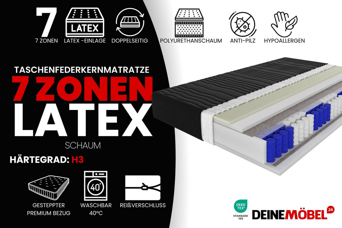 TASCHENFEDERKERNMATRATZE PREMIUM 7 LATEX mit Latex-Einlage 120/200/21 Schwarz H3 - Schwarz, Textil (120/200cm) - Deine Möbel 24