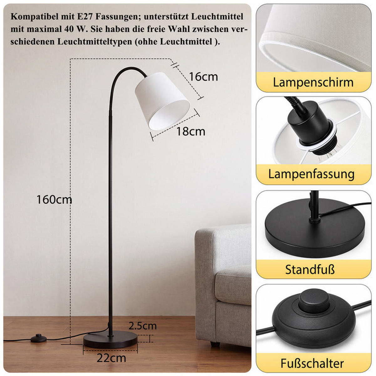 STEHLEUCHTE Gabriele II 22x18x160cm - Schwarz, Metall (22/18/160cm) - Nettlife