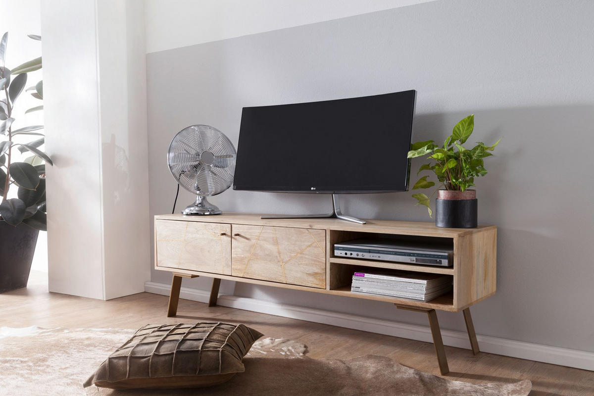 LOWBOARD Mango Massivholz Metall Landhausstil Modell Garda für Fernseher bis 55 Zoll - Goldfarben/Braun, Holz/Metall (145/47/35cm) - KADIMA DESIGN
