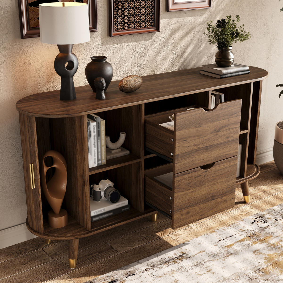 SIDEBOARD vertikale Maserung Schiebetüren 2 Schubladen modern - Walnussfarben, Holzwerkstoff (40/79.5/140cm) - FLIEKS