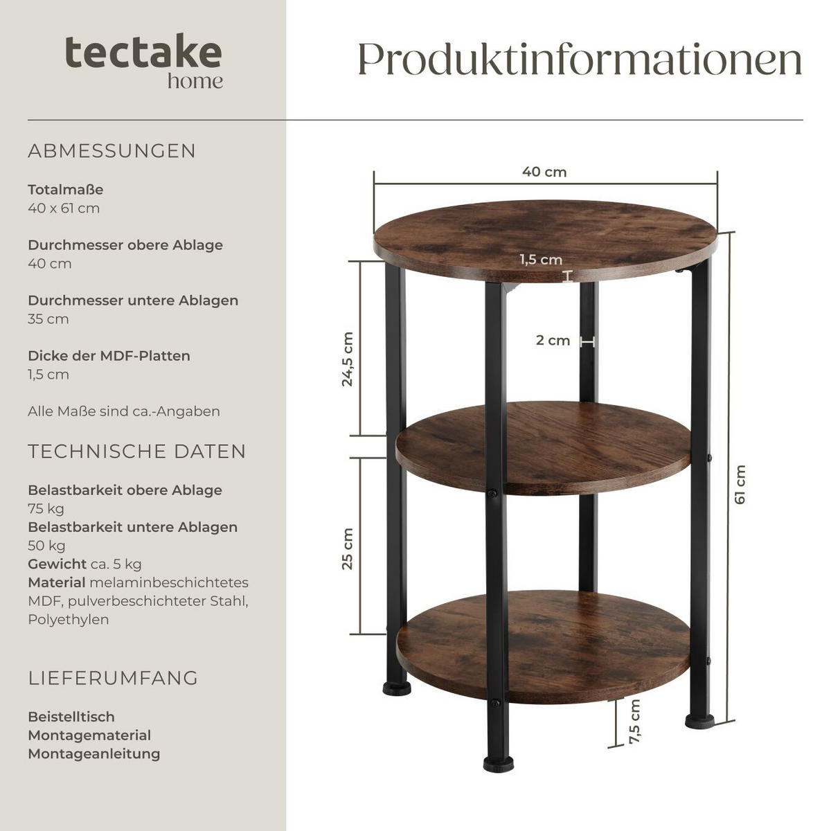 BEISTELLTISCH Colchester,40 x 61 cm,Industrial Holz dunkel, rustikal - Rostfarben, Holz (40/40/61cm) - tectake