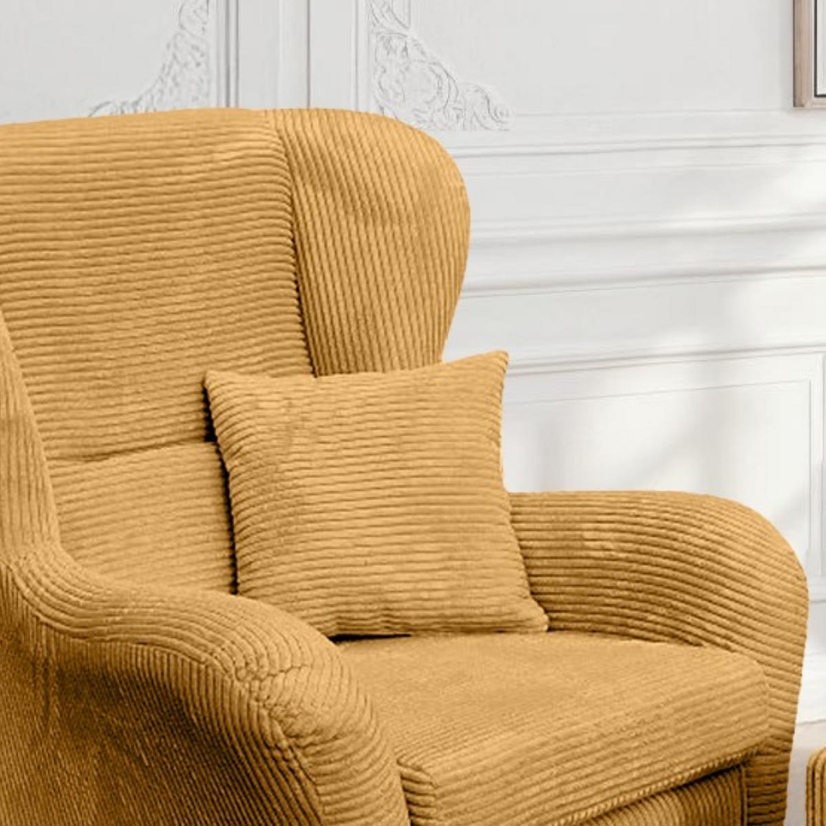 OHRENSESSEL mit HOCKER, hoher Sitzkomfort durch Wellenunterfederung B90/H98/T76 cm, Cord Gold Ockergelb / 18022 - Currygelb/Goldfarben, Holz/Textil (90/98/76cm) - luma-home