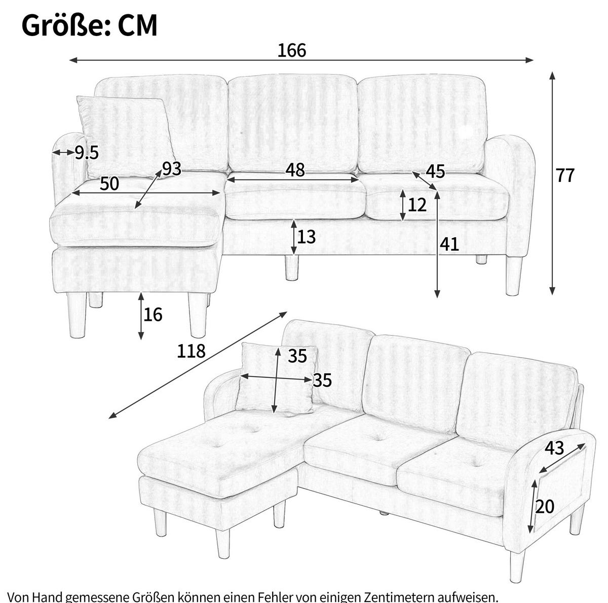 SOFA modular 166 x 118 x 77 cm Cord Green 3-Sitzer - Grün, Holz (118/166cm) - Meubliv