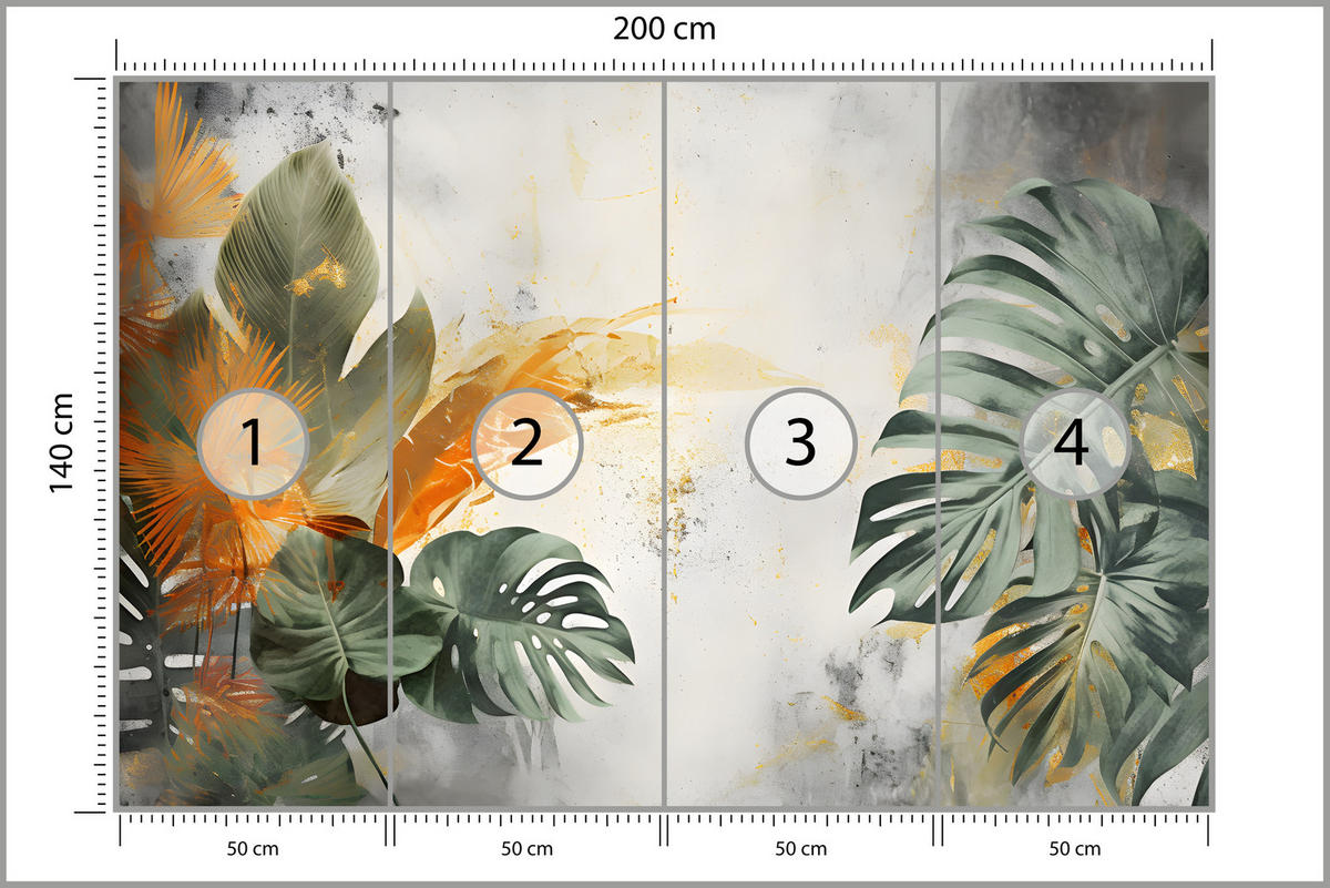 FOTOTAPETE für Schlafzimmer Tropen Monstera Beton Natur Blätter 200x140 - Beige/Orange, Papier (200/140cm) - Muralo