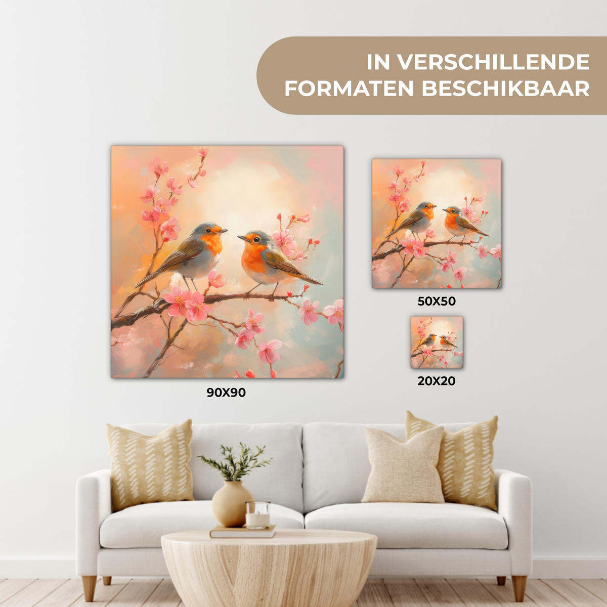 LEINWANDBILD Rotkehlchen - Zierpflanze - Blütenzweig 90x90 cm - Hellrosa, Textil (90/90cm) - MuchoWow