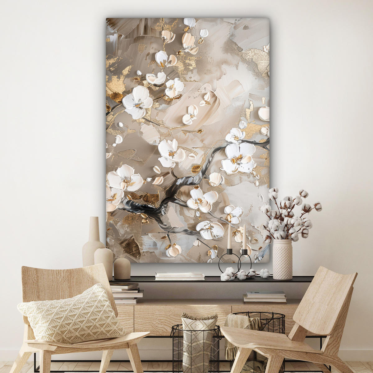 LEINWANDBILD Blumen - Weiß - Gold - Beige - Luxus Deko Groß 90x140 cm - Greige, Textil (90/140cm) - MuchoWow