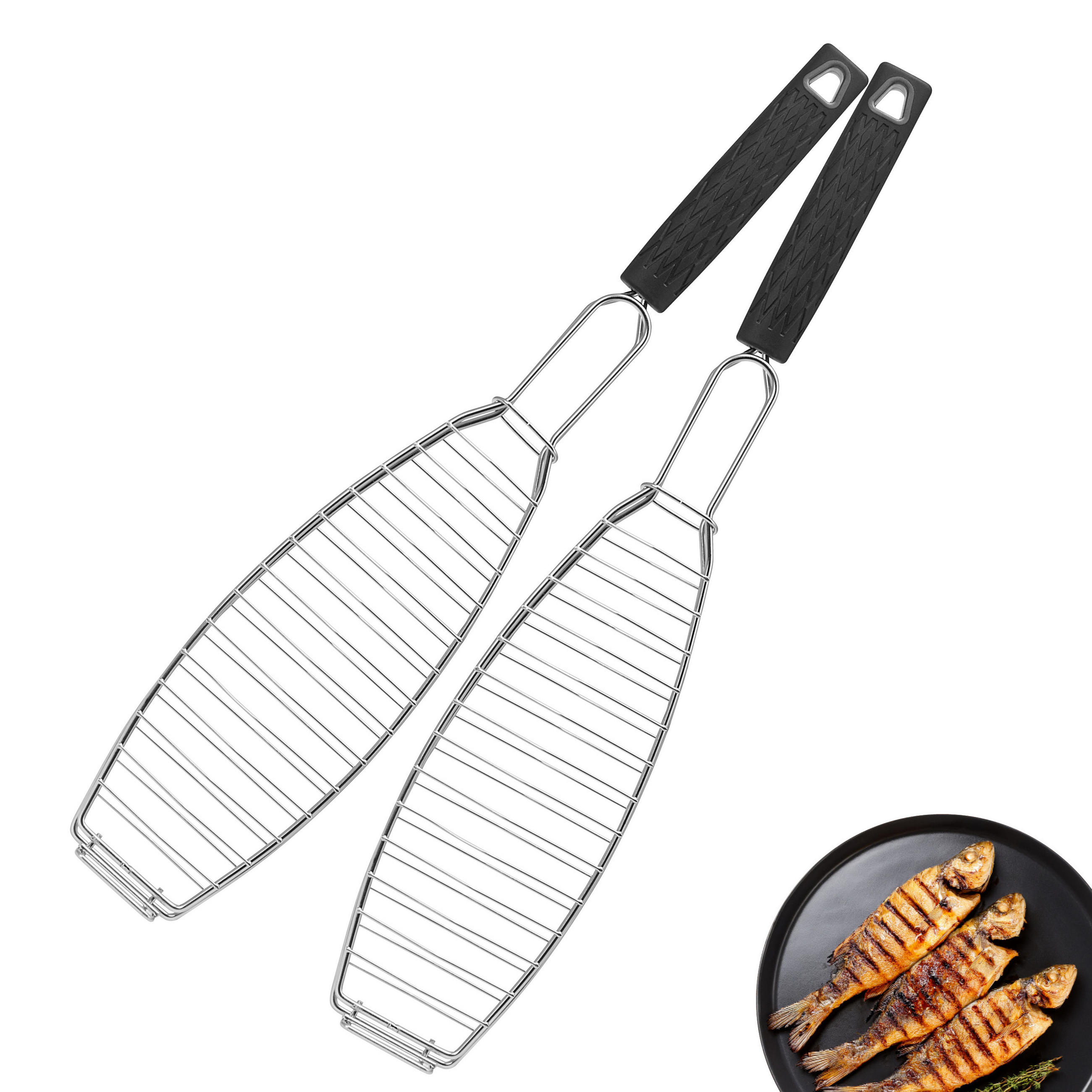 FISCH-GRILLHALTER, schwarz - Edelstahlfarben, Metall (10/54.5/2.5cm) - bremermann