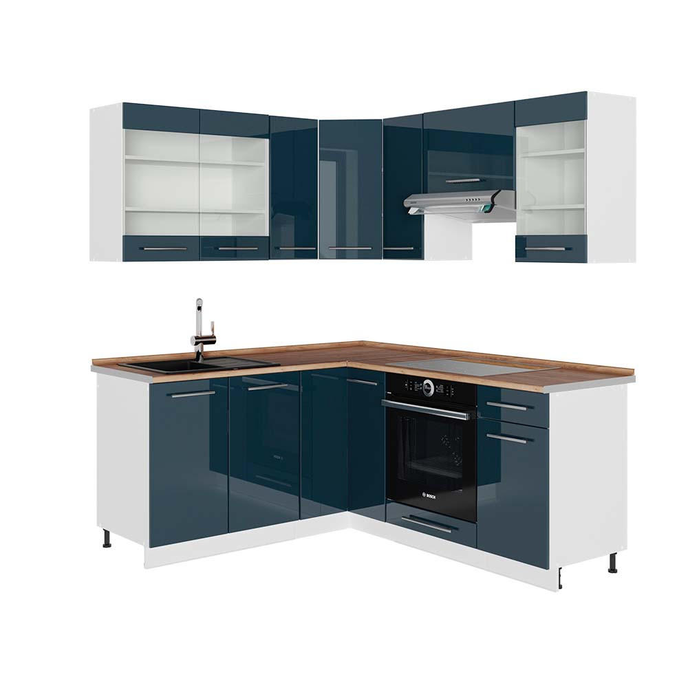 KÜCHENZEILE Fame-Line Dunkelblau Hochglanz/Weiß 160.5 x 190 cm , AP Eiche - Dunkelblau/Weiß, Holzwerkstoff (190/81.6/60cm) - Vicco