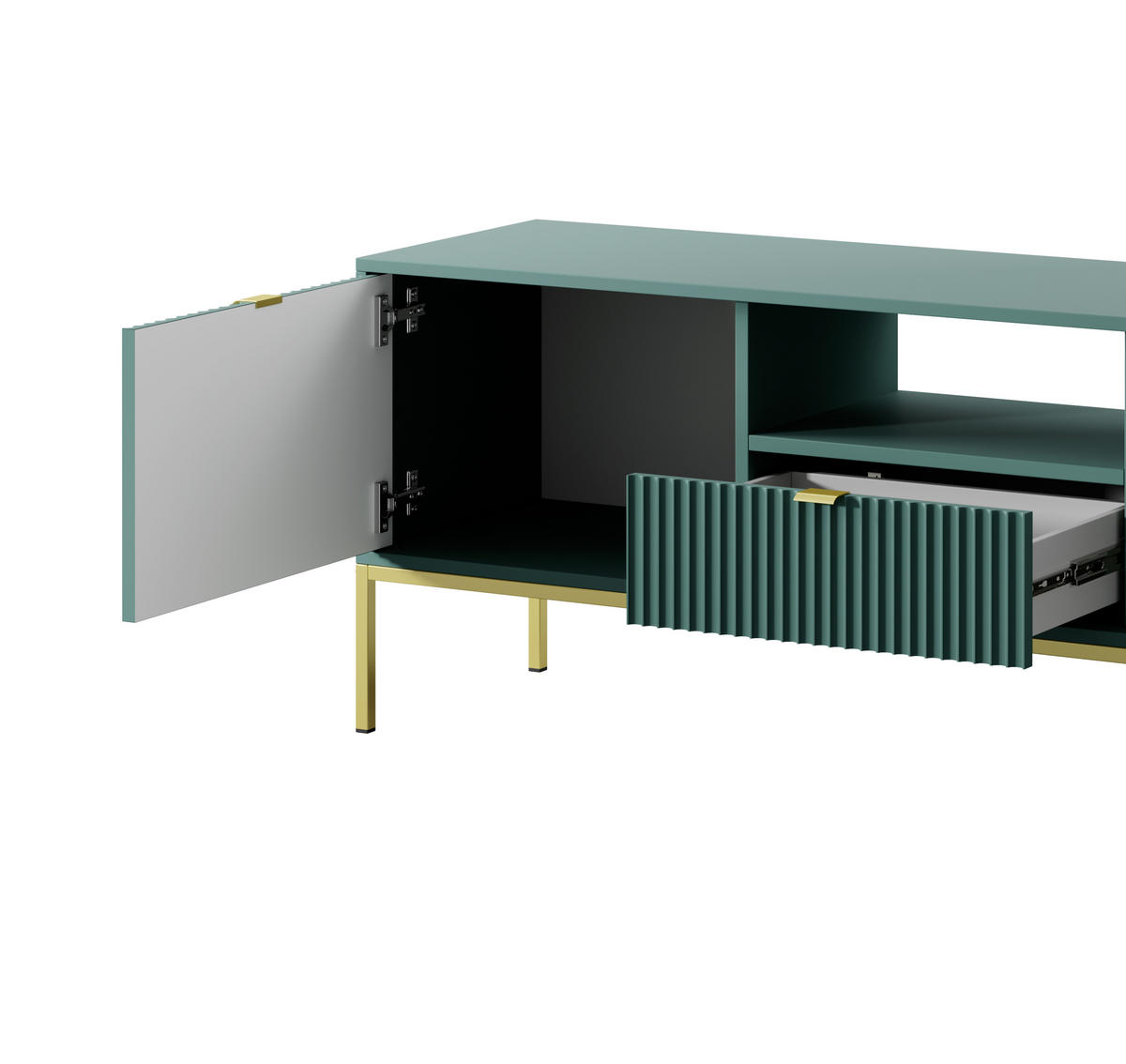 TV-SCHRANK NOVA Geriffelt Regal, 2 Türen, Schublade, Goldene Beine, 154x39x56cm, Labrador - Türkis/Goldfarben, Holzwerkstoff/Kunststoff (154/56/39cm) - DomoHome