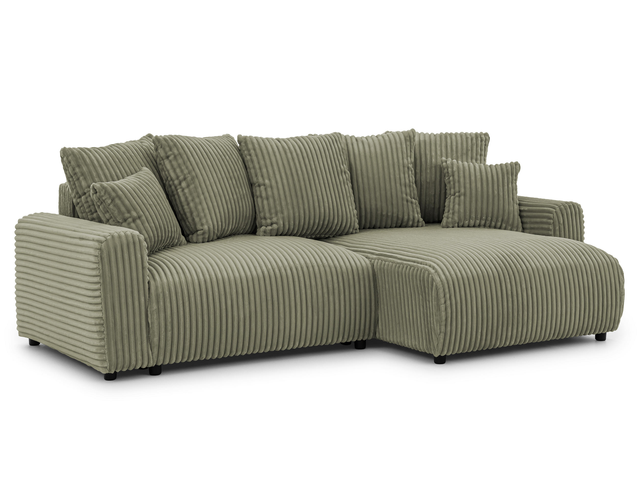 ECKSOFA Calma mit Schlaffunktion und Bettkasten im Bumpy-Design aus weichem Olive Plüschcord - Ottomane rechts - Schwarz/Grün, Holz/Kunststoff (140/239cm) - S-Style