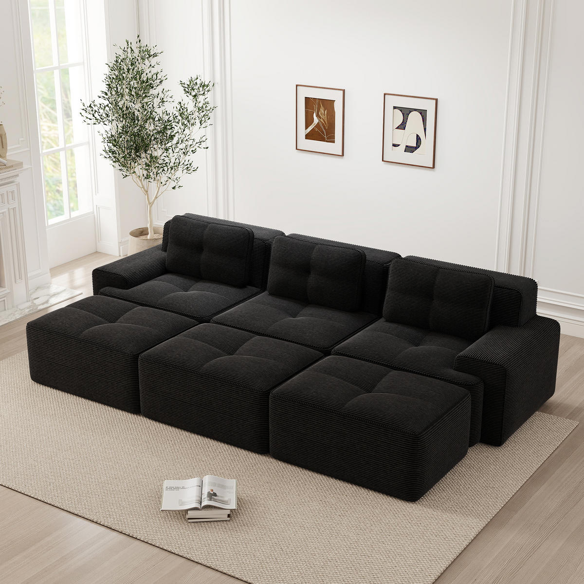 3-SITZER Sofa 293×177×69 cm Cordstoff knochenlos modular mit 3 Hockern, schwarz - Schwarz, Textil (177/69/293cm)