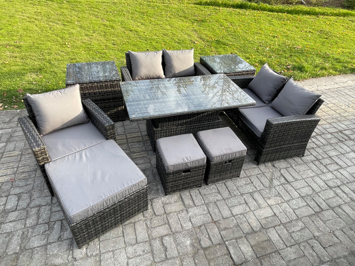 GARTENMÖBEL SET mit höhenverstellbarer Tisch Polyrattan Dunkelgrau 8-Sitzer - Dunkelgrau, Metall - Fimous
