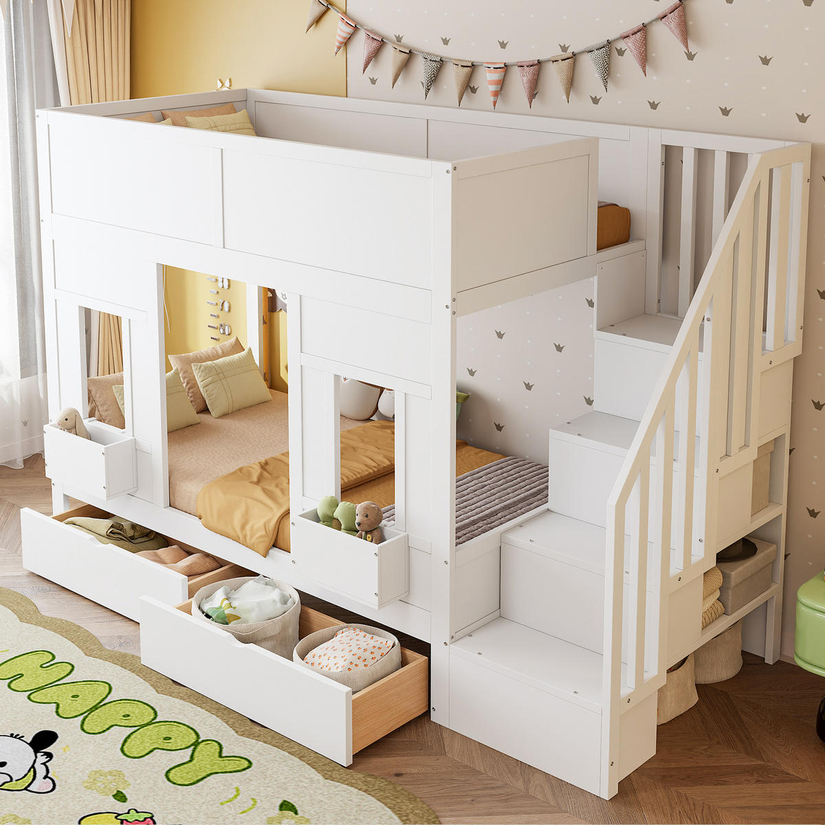 ETAGENBETT 90/200 cm in Weiß Kinderbett mit Treppe, 2 Schubladen und Stauraum - Weiß, Holzwerkstoff (90/200cm) - STILVORA