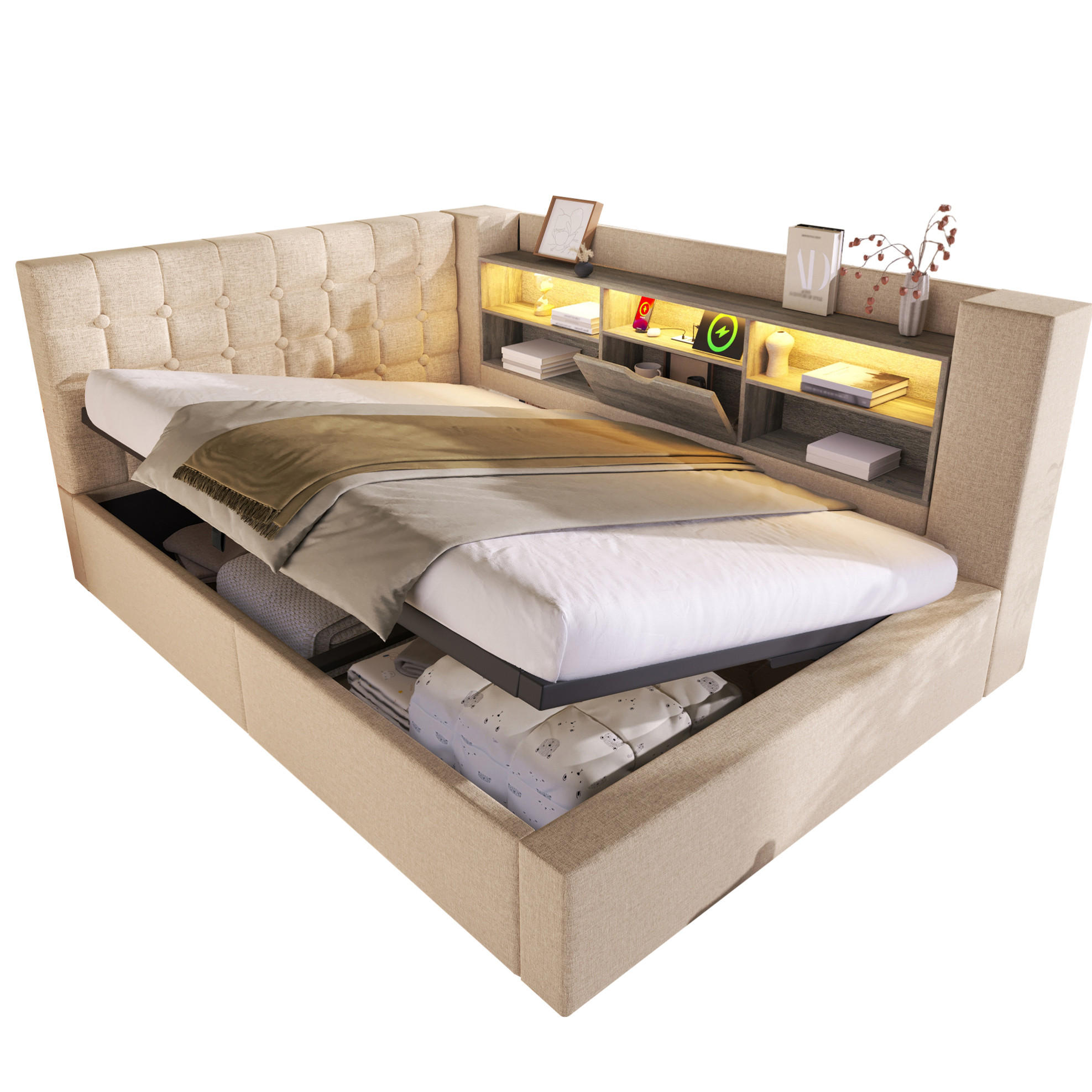 Modfu ČALOUNĚNÁ postel z lnu 140x190 cm béžová s LED osvětlením, USB porty, hydraulickým úložným prostorem a L čelem