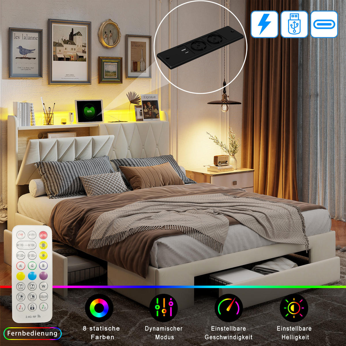 POLSTERBETT 160x200 cm LED 3 Schubladen USB Samt beige - Beige, Holz (160/200cm) - Fortuna Lai