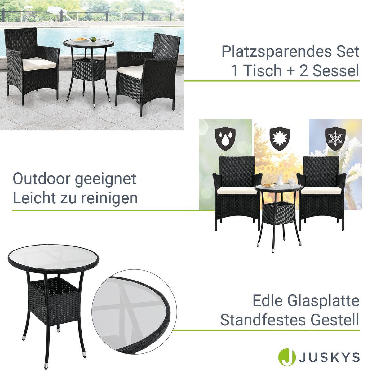 BALKON-SET Bayamo Polyrattan schwarz/beige (3-tlg.) - Schwarz, Kunststoff - Juskys