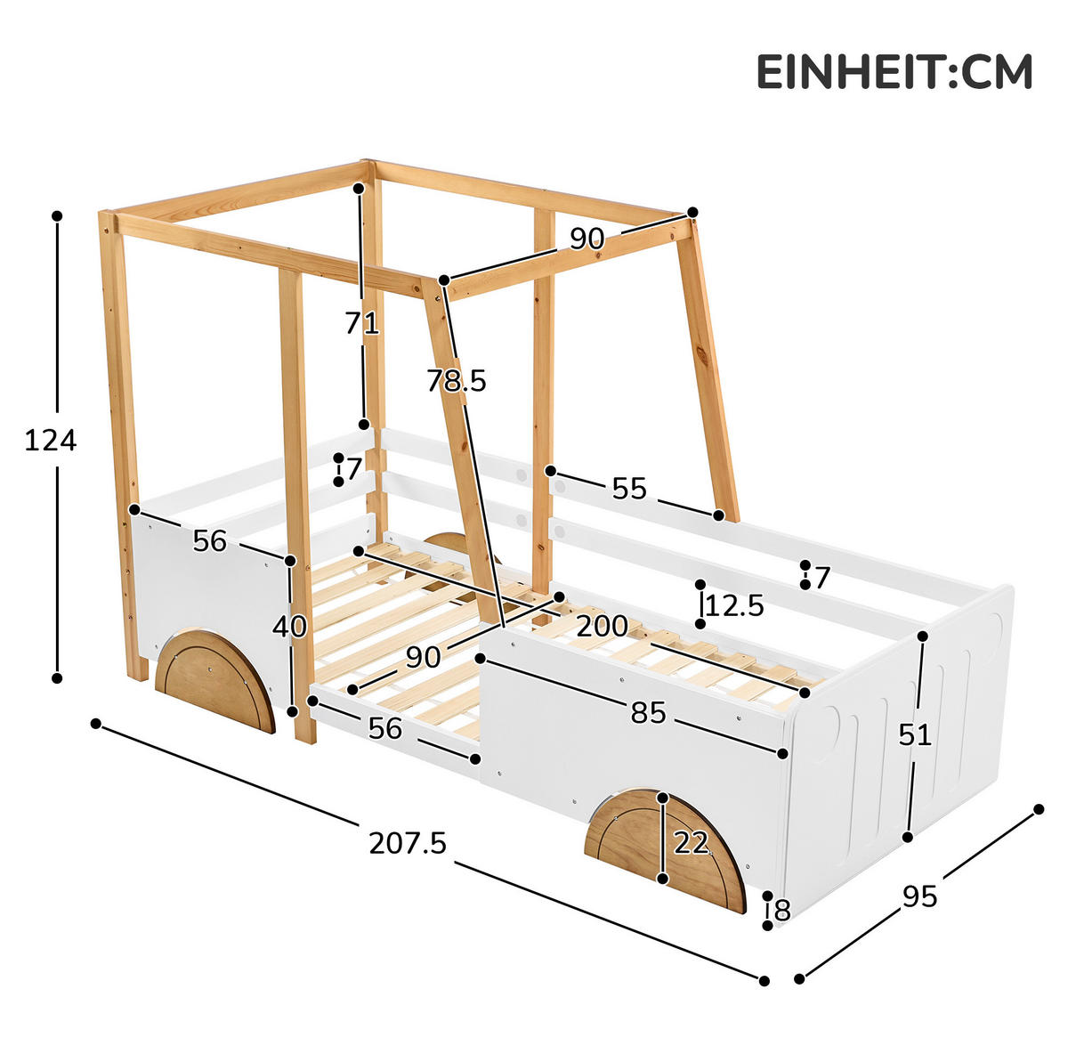 AUTOBETT 90/200 cm Weiß/Natur aus Kiefer und MDF in Auto-Form - Weiß, Holz (90/200cm) - OKMYHOME