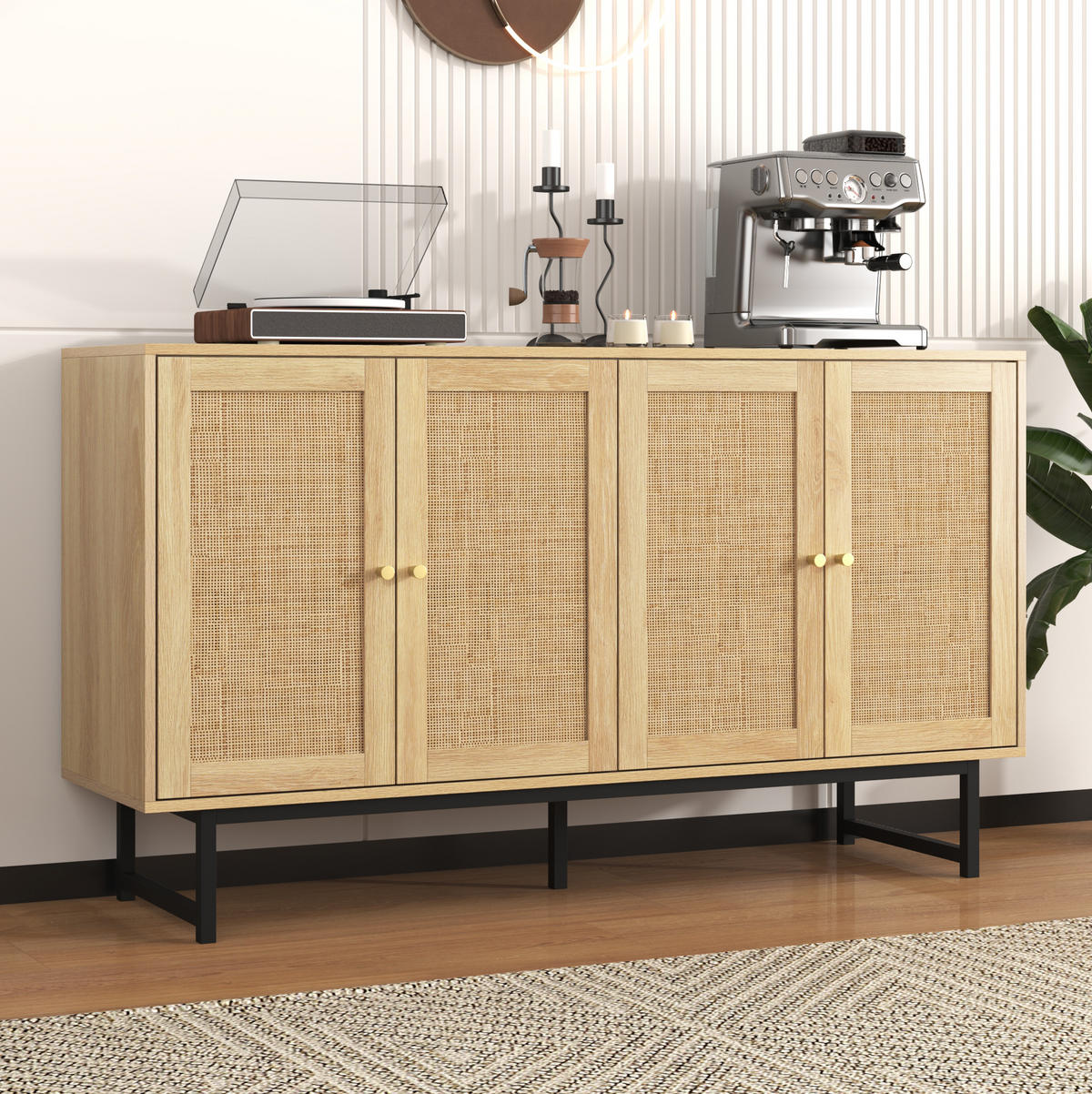 SIDEBOARD 140/39,5/80 cm in Holzoptik mit echtem Rattangeflecht und 4 Türen - Naturfarben, Holzwerkstoff (140/80/39.5cm) - Flora Grace