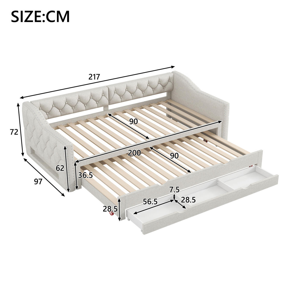 ČALOUNĚNÁ postel s te/tilním čalouněním, 90/200 cm béžové, s LED, výsuvným lůžkem a 3 zásuvkami - béžová, textil (90/200cm) - BEAOK