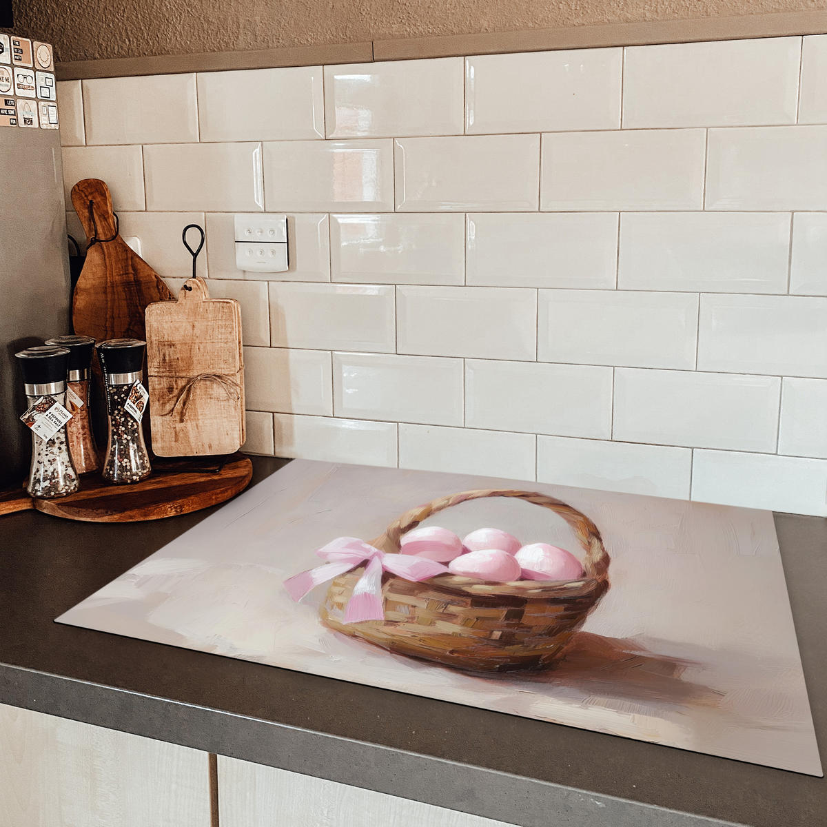 HERDABDECKPLATTE Korb - Eier - Rosa Herdabdeckung Induktionsfeld 75x52 cm - Beige, Kunststoff (75/52/0.2cm) - MuchoWow