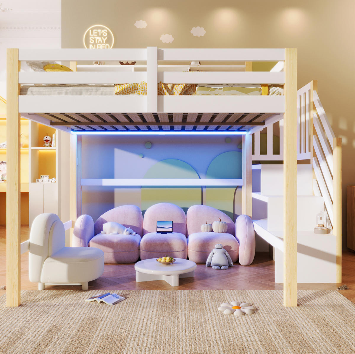 HOCHBETT 140/200 cm aus Kiefernholz mit LED-Leuchten, Weiß/Natur - Naturfarben, Holz (140/200cm) - OKMYHOME