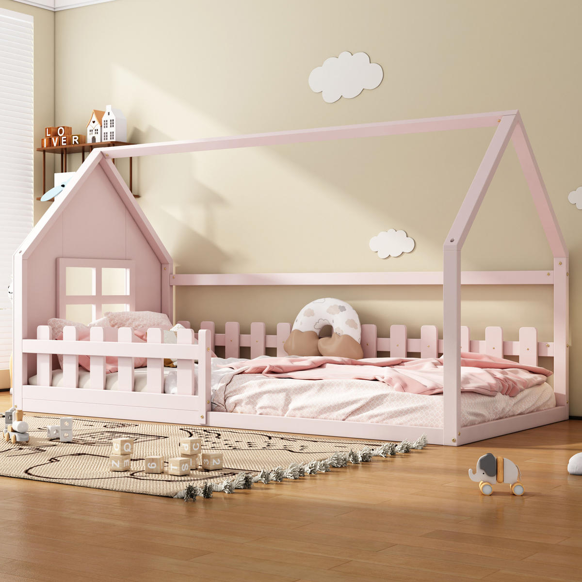 HAUSBETT aus Kiefer und MDF 90x200 cm Rosa in Hausform, bodennahes Design - Rosa, Holzwerkstoff (90/200cm) - Modfu