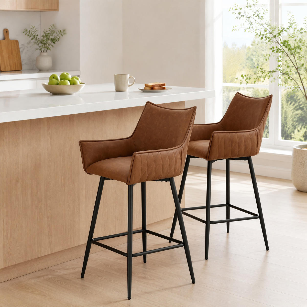 BARHOCKER 2er-Set mit Rückenlehne und Armlehnen, 62 cm Sitzhöhe, PU, Braun - Braun, Metall (49/90/51cm) - MIVRAY