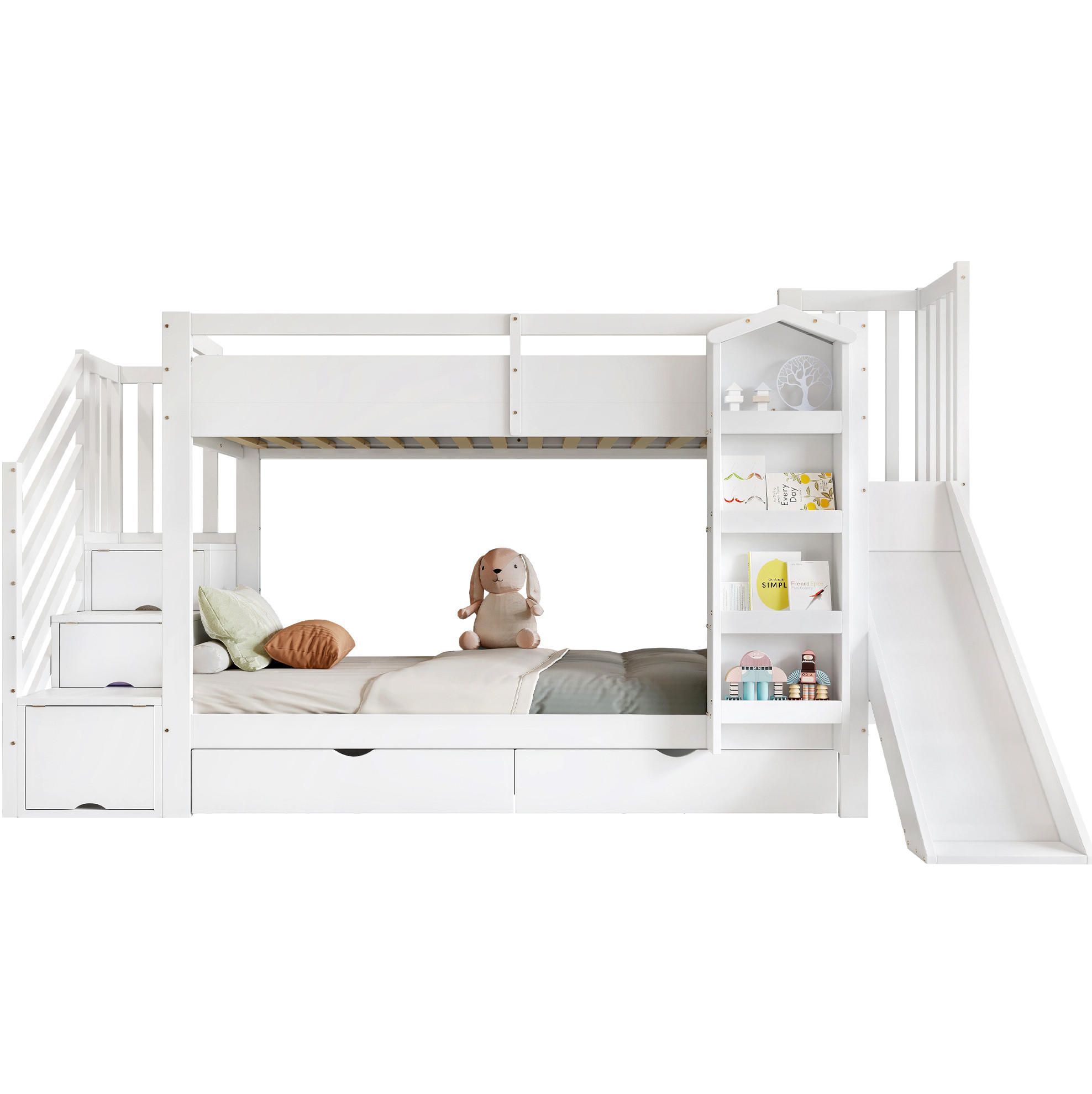 Redom PALANDA 90/200 cm s knihovnou, 2 zásuvkami, skluzavkou a schodištěm, masivní dřevo/MDF, Bílá