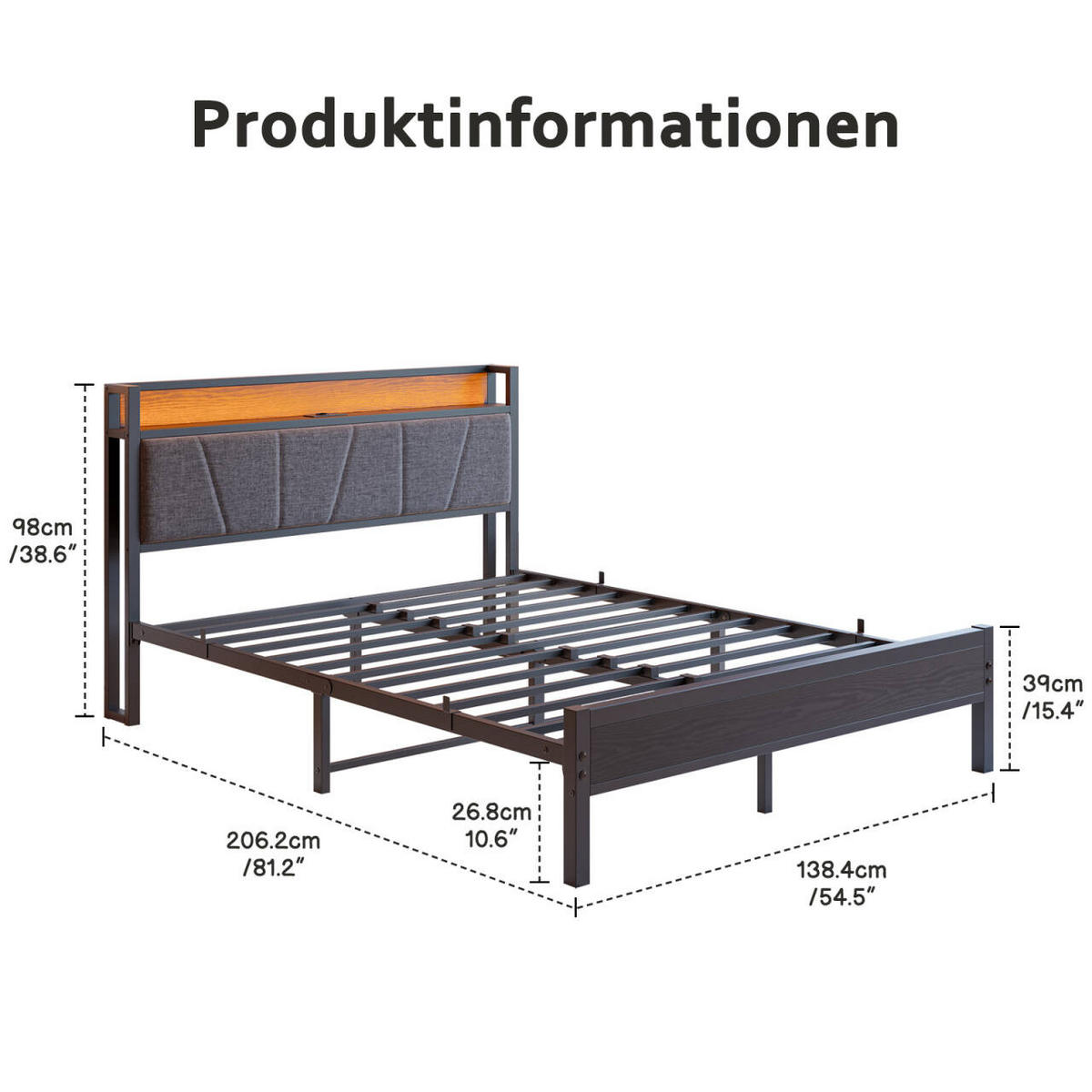 METALLBETT 140/200 cm Schwarz mit LED und USB - Schwarz, Metall (140/200cm) - Oxeza