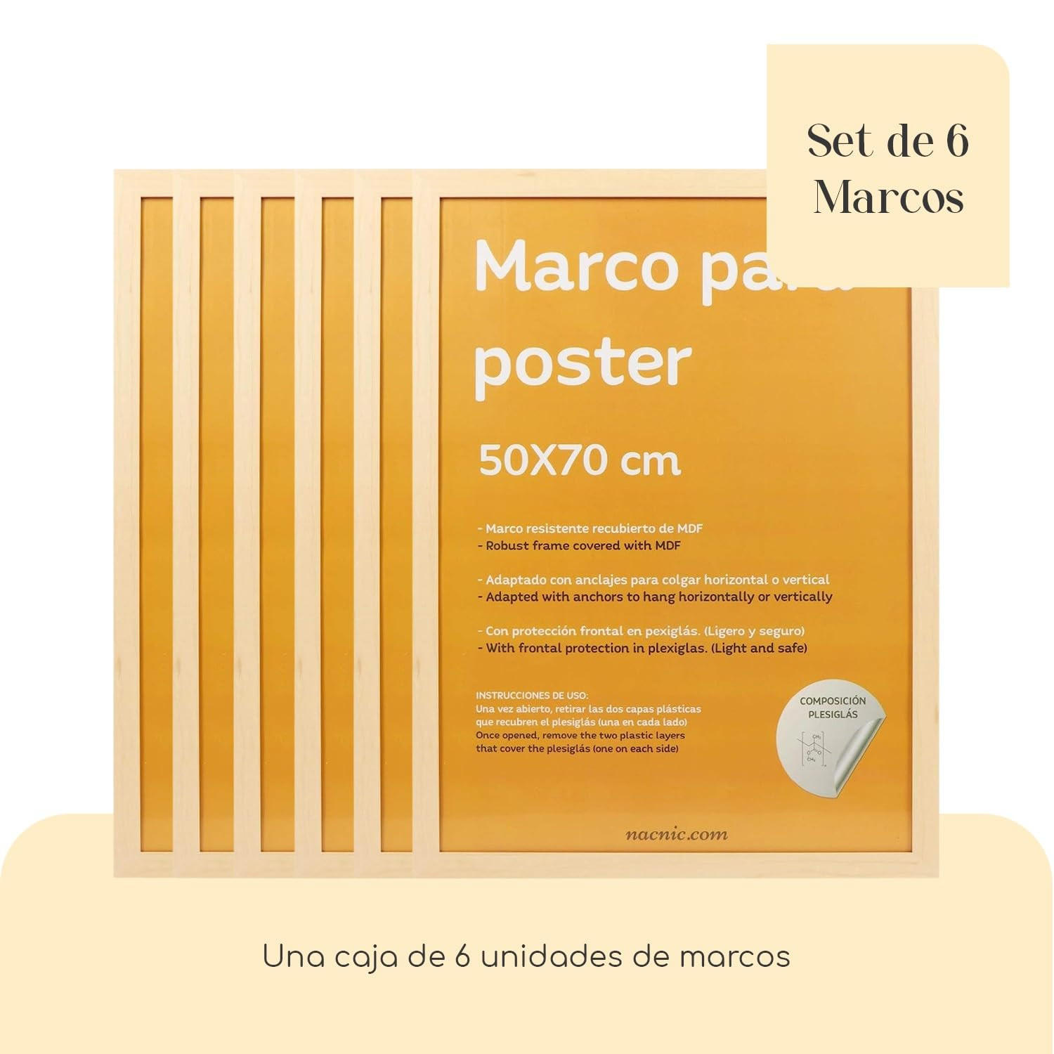 RAHMEN Set mit 6 aus MDF und Acrylglas Schutz und Aussteller für Fotografien, Bilder, Poster, Gemälde, Dekoration für Haus Farbe Hellholz 50X70 cm - Beige, Holz (50/3/70cm) - Nacnic