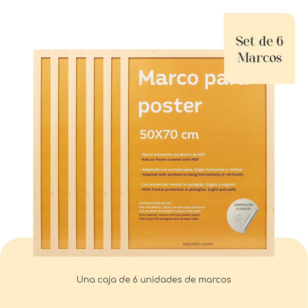 RAHMEN Set mit 6 aus MDF und Acrylglas Schutz und Aussteller für Fotografien, Bilder, Poster, Gemälde, Dekoration für Haus Farbe Hellholz 50X70 cm - Beige, Holz (50/3/70cm) - Nacnic