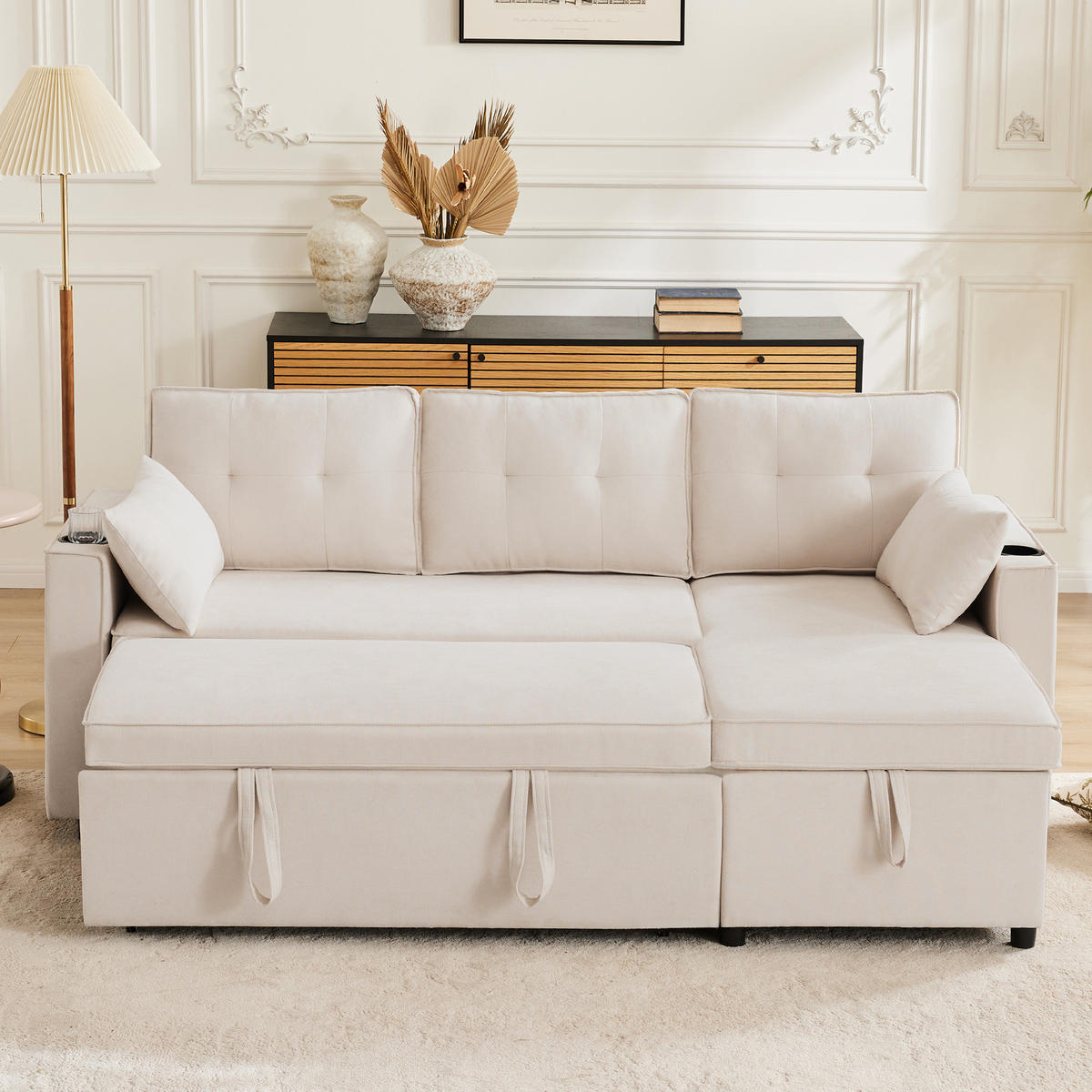 ECKSOFA mit Schlaffunktion, Baumwoll-und Leinenstoffe - Beige, Textil (130/211cm) - Kaket